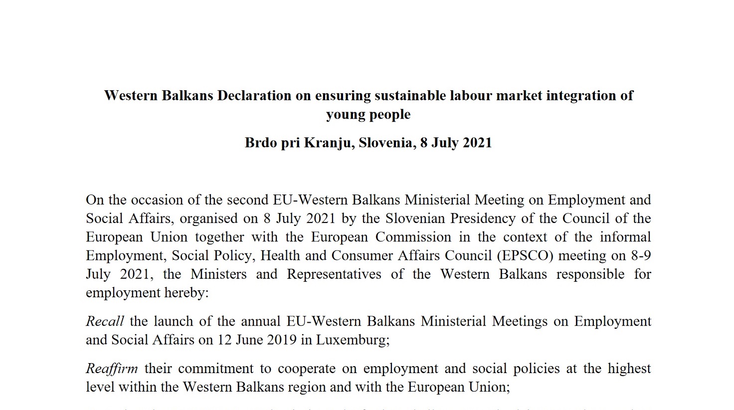 Western Balkans Declaration on ensuring sustainable labour market integration of young people